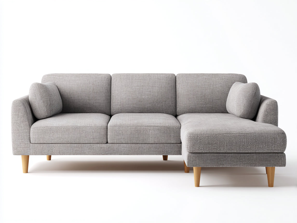 Sofás de esquina tapizados en tela 245x155x86 cm gris claro con chaise longue para salón estilo nórdico