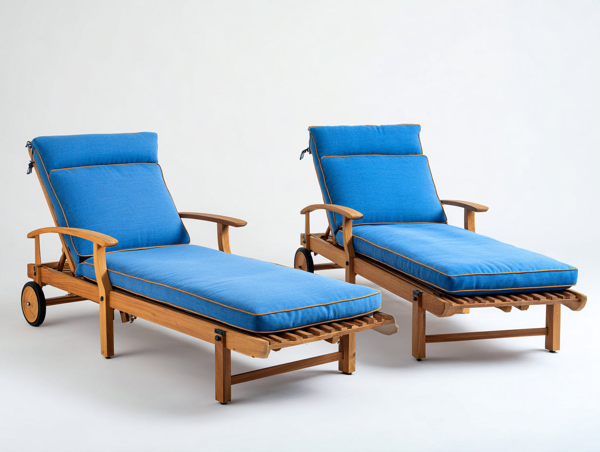 Tumbonas de madera 200x75x90 cm - natural y azul - juego de 2 con ruedas y reposabrazos