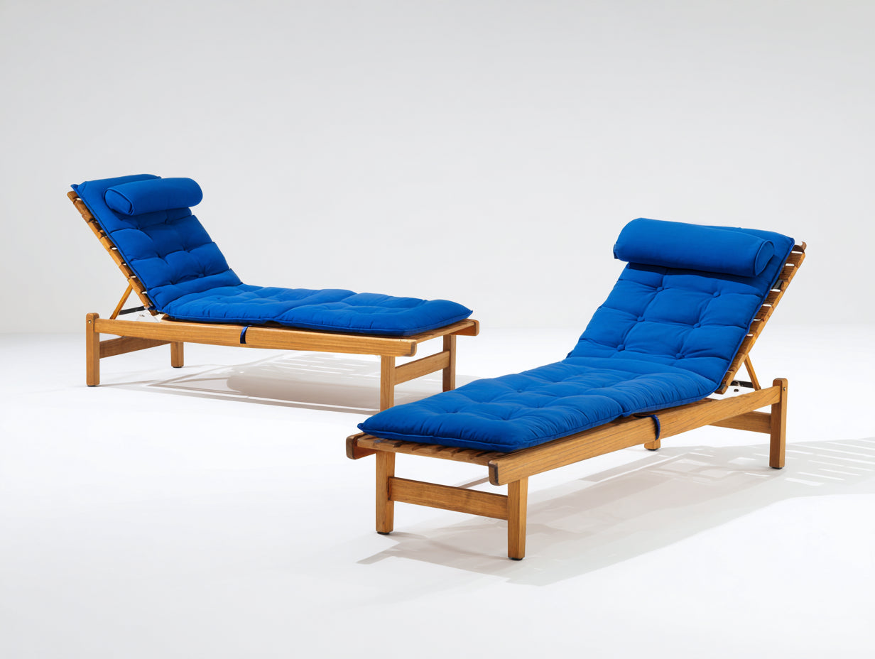 Tumbonas de madera de acacia 198x68x86 cm - Madera natural y azul - Diseño reclinable para jardín