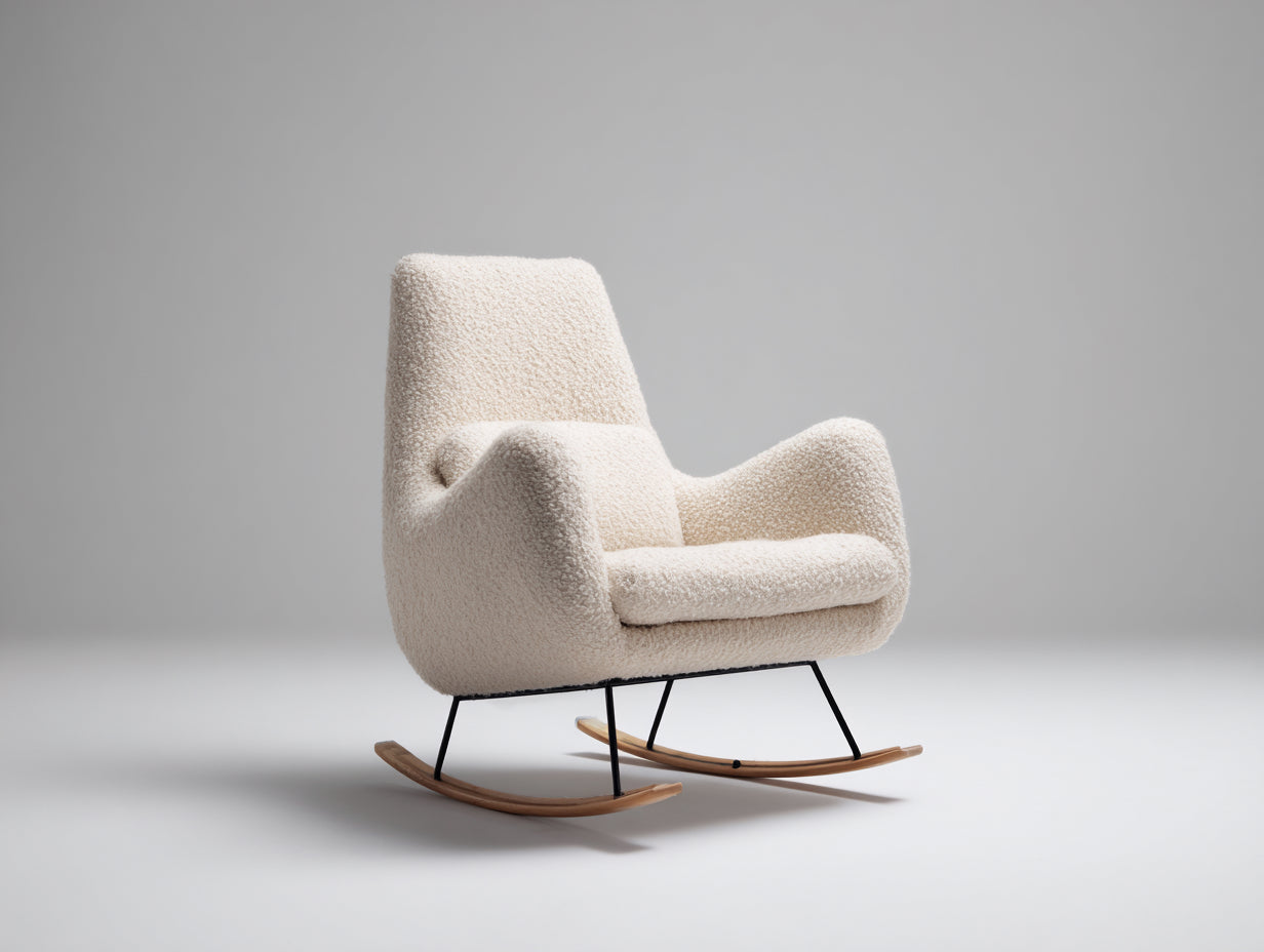 Mecedoras tapizada en tejido de borreguito 82x76x96 cm - crema y madera natural - estilo moderno para salón