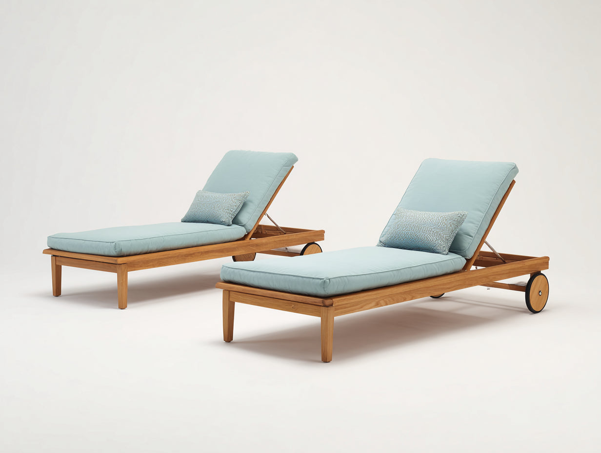 Tumbonas de madera 200x70x85 cm - natural y azul claro - juego de 2 con ruedas