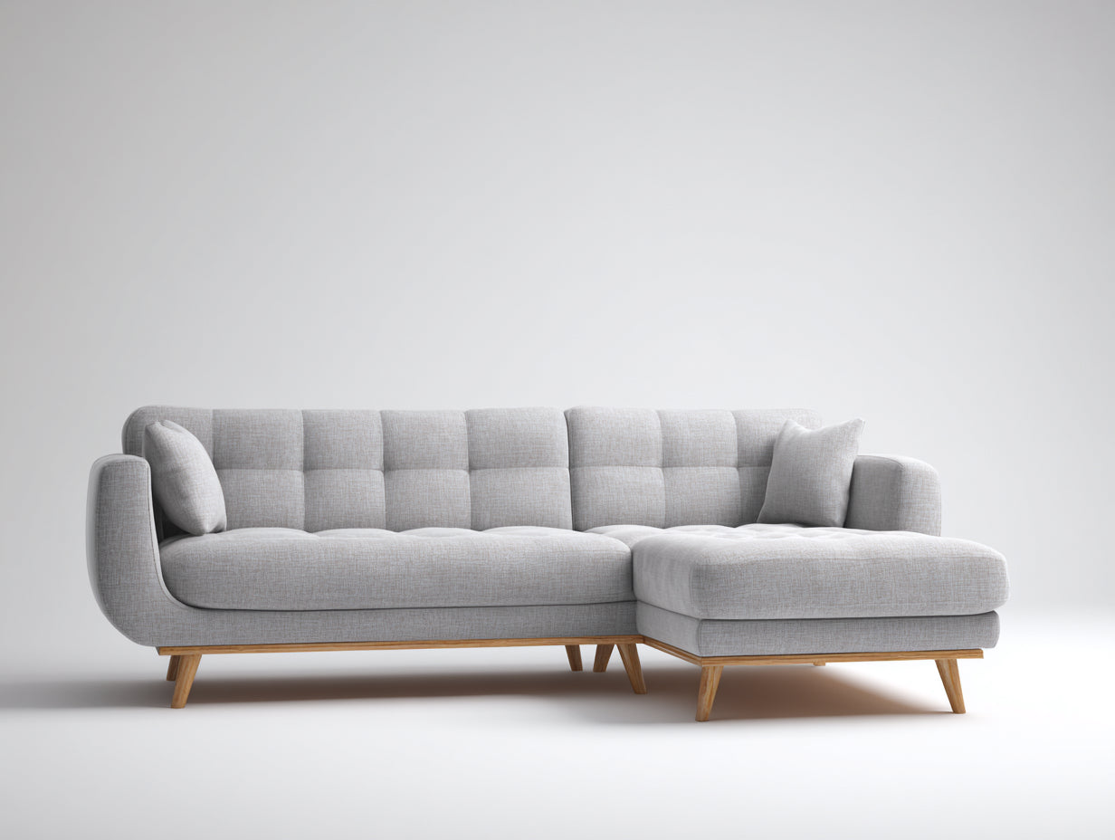 Sofás de esquina de tela 260x170x82 cm - gris claro y madera natural - estilo moderno para salón