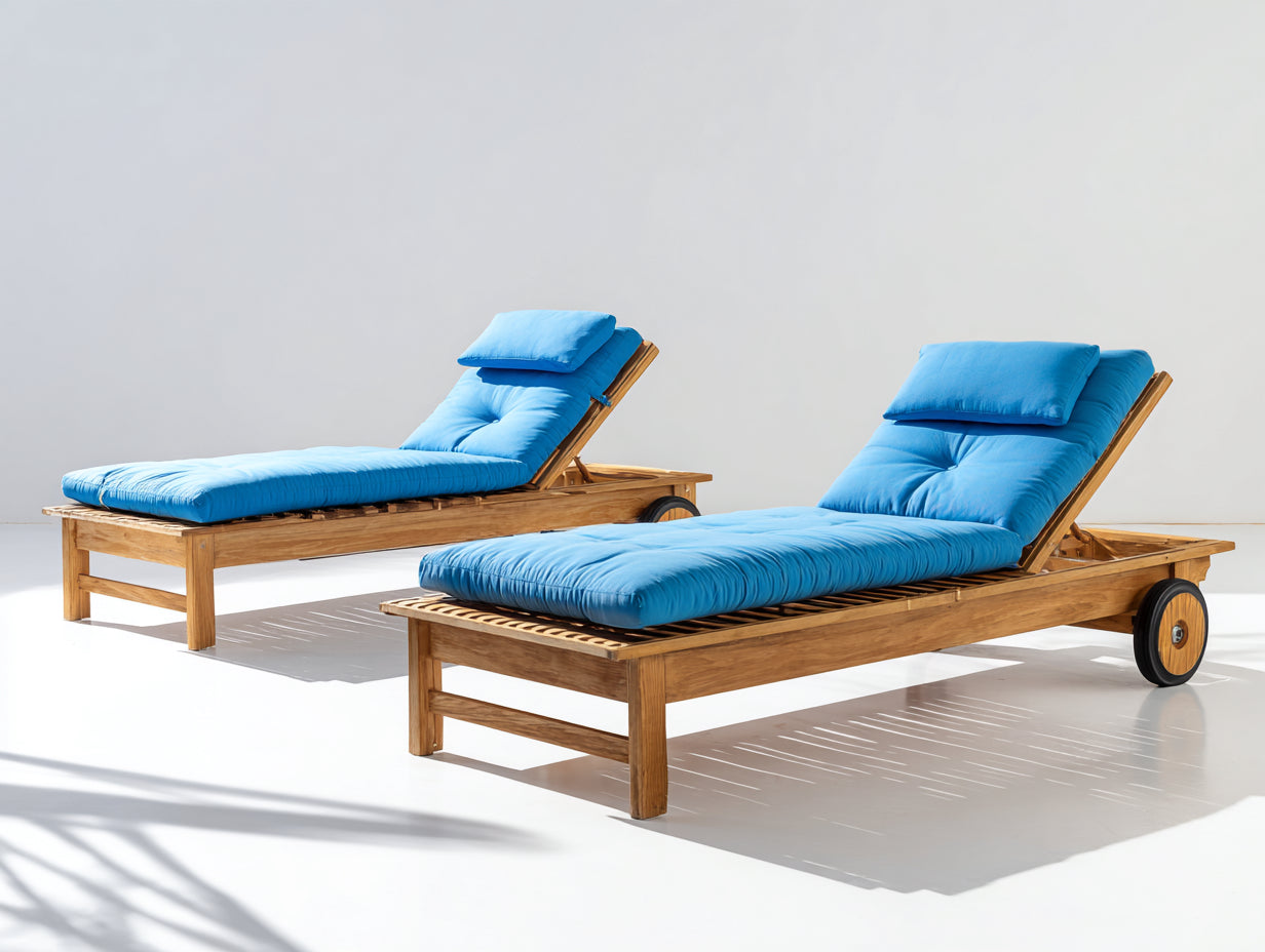 Tumbonas de madera 200x65x35 cm - madera natural y azul - respaldo regulable con ruedas