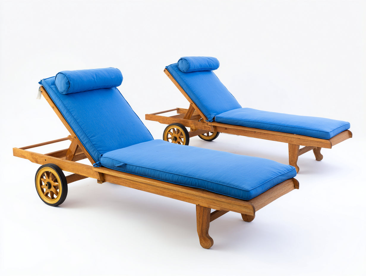 Tumbonas de madera 200x70x90 cm - natural y azul - set de 2 con ruedas