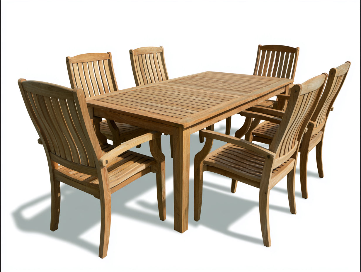 Conjuntos de comedor de jardín de madera 180x90x75 cm - color natural - mesa rectangular con 6 sillas