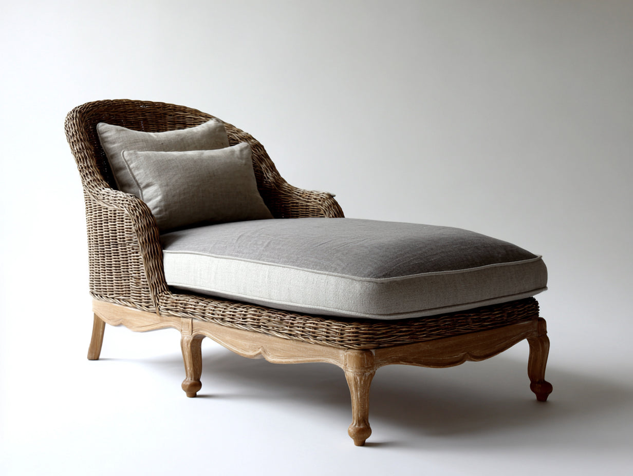 Tumbonas de ratán y madera 170x75x82 cm - marrón natural y gris claro - estilo clásico para terraza y jardín