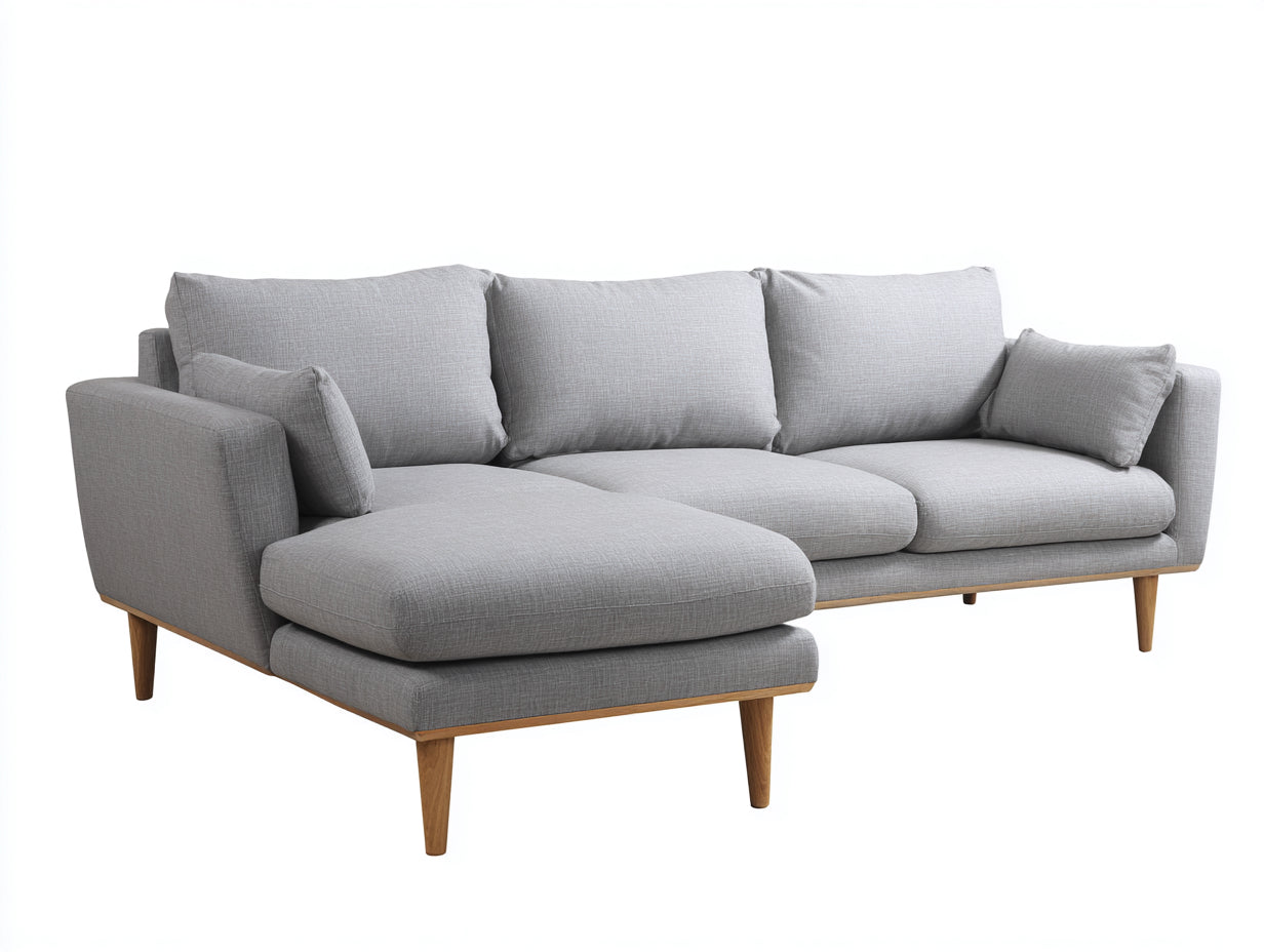 Sofás de esquina tapizado en tela 285x165x82 cm - Gris claro y madera natural - Diseño moderno para salón