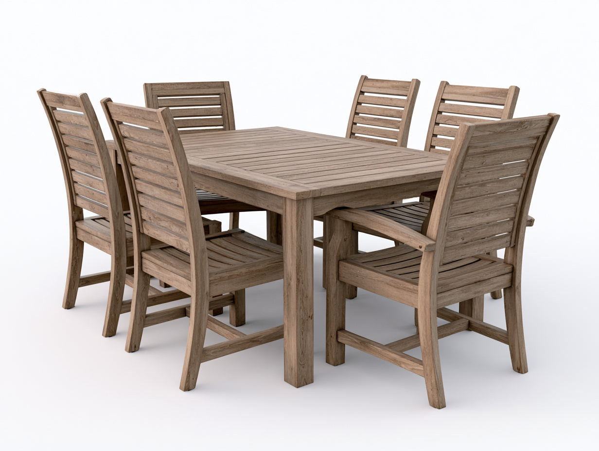 Conjuntos de comedor de jardín de madera 180x90x75 cm marrón natural con mesa rectangular y 6 sillas estilo rústico