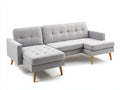 Sofás de esquina de tela 300x160x85 cm - gris claro y madera natural - estilo moderno para salón con doble chaise