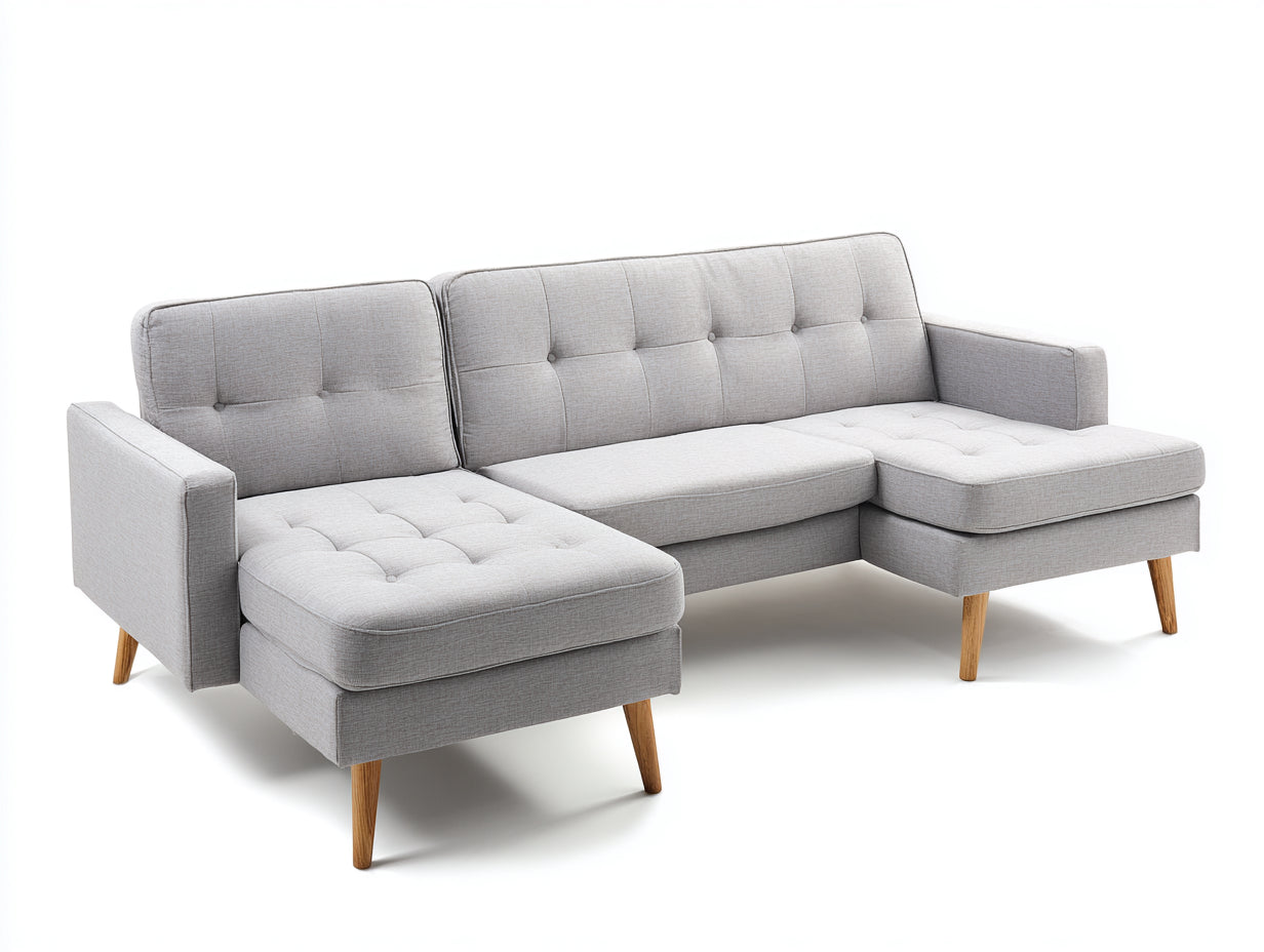 Sofás de esquina de tela 300x160x85 cm - gris claro y madera natural - estilo moderno para salón con doble chaise