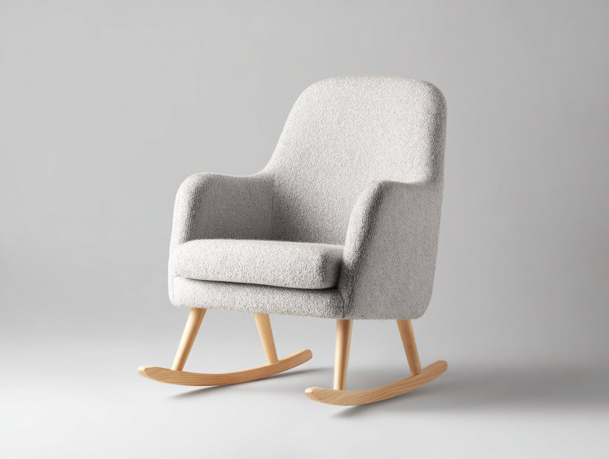 Mecedoras tapizadas en tejido bouclé 80x76x94 cm gris claro con base de madera natural para salón estilo moderno