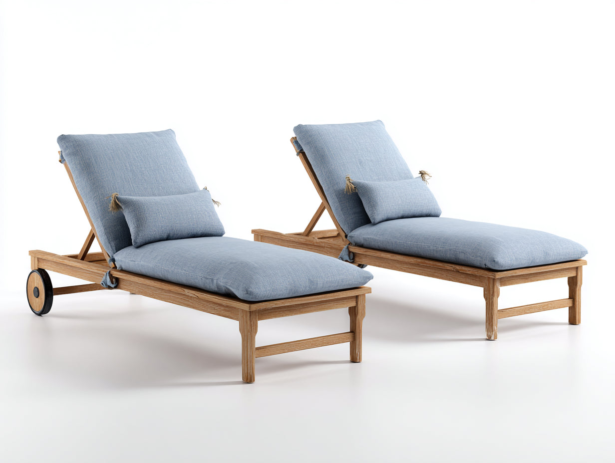 Tumbonas de madera 198x72x92 cm marrón natural con cojines azul claro y respaldo regulable para jardín estilo contemporáneo
