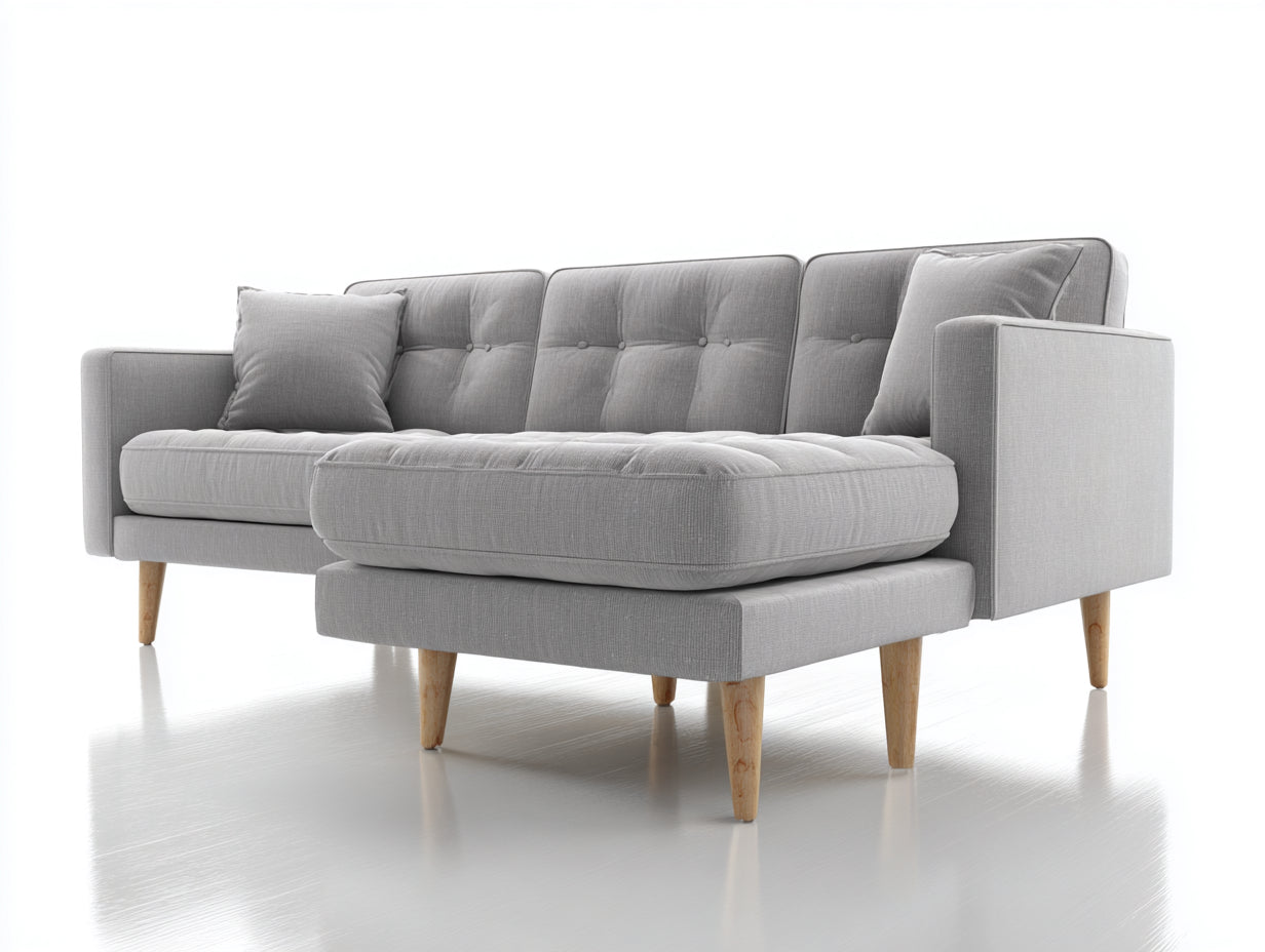 Sofás de esquina tapizados en tela 230x160x86 cm gris claro con chaise longue para salón estilo moderno