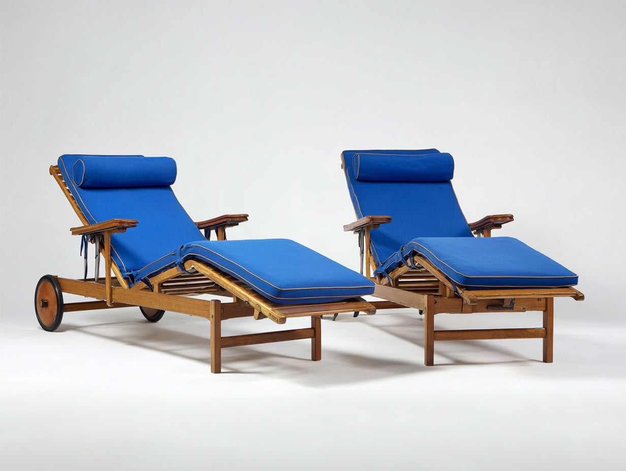 Tumbonas de madera 202x76x101 cm marrón natural con acolchado azul respaldo y reposapiernas regulables para jardín