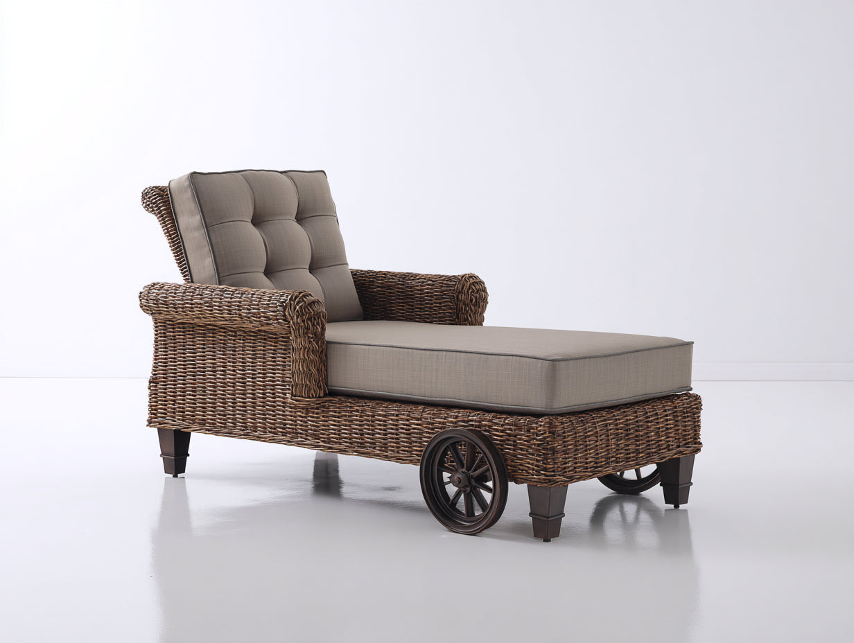 Tumbonas de ratán sintético 185x78x92 cm marrón con cojines beige y ruedas para jardín estilo clásico