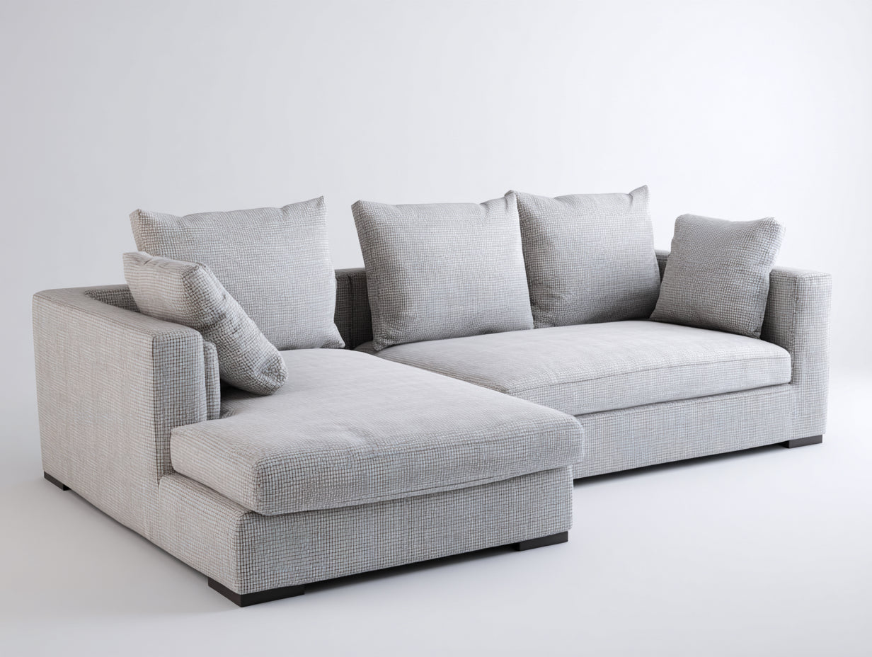 Sofás de esquina tapizados en tela 268x172x88 cm gris claro con chaise longue para salón estilo contemporáneo