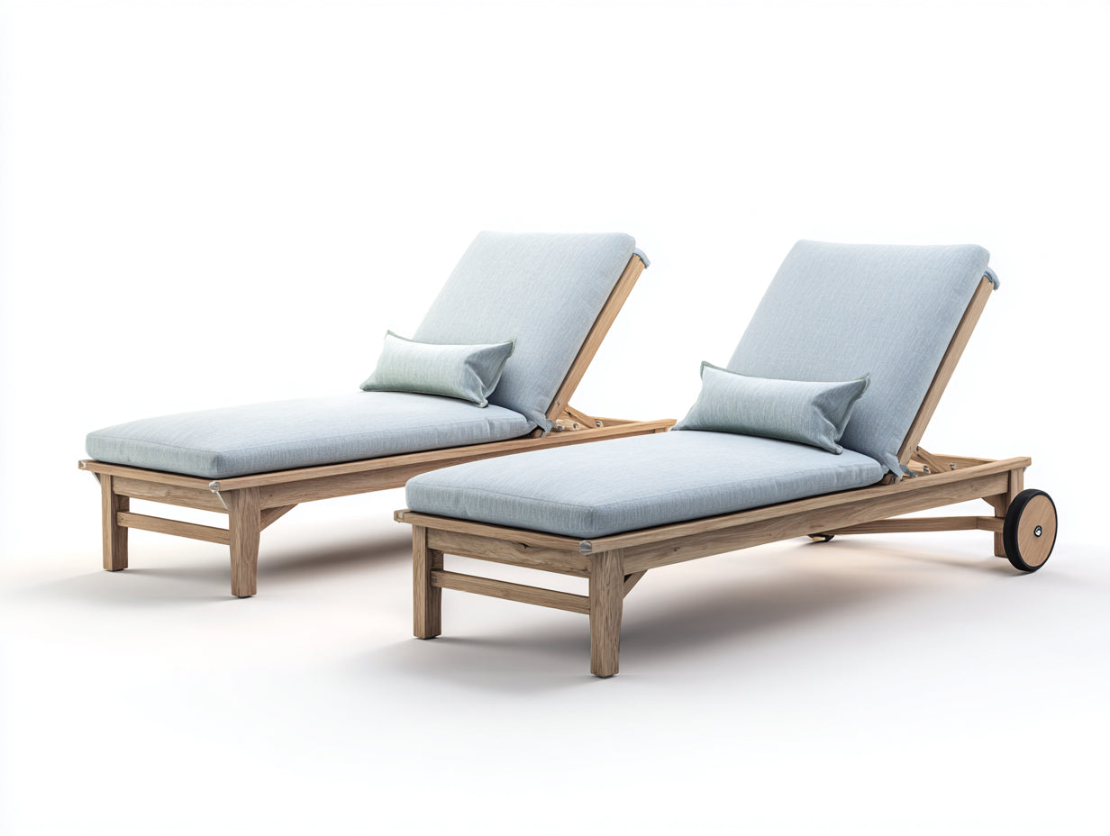 Tumbonas de madera 200x75x90 cm - madera natural y azul claro - estilo clásico para terraza y jardín con ruedas