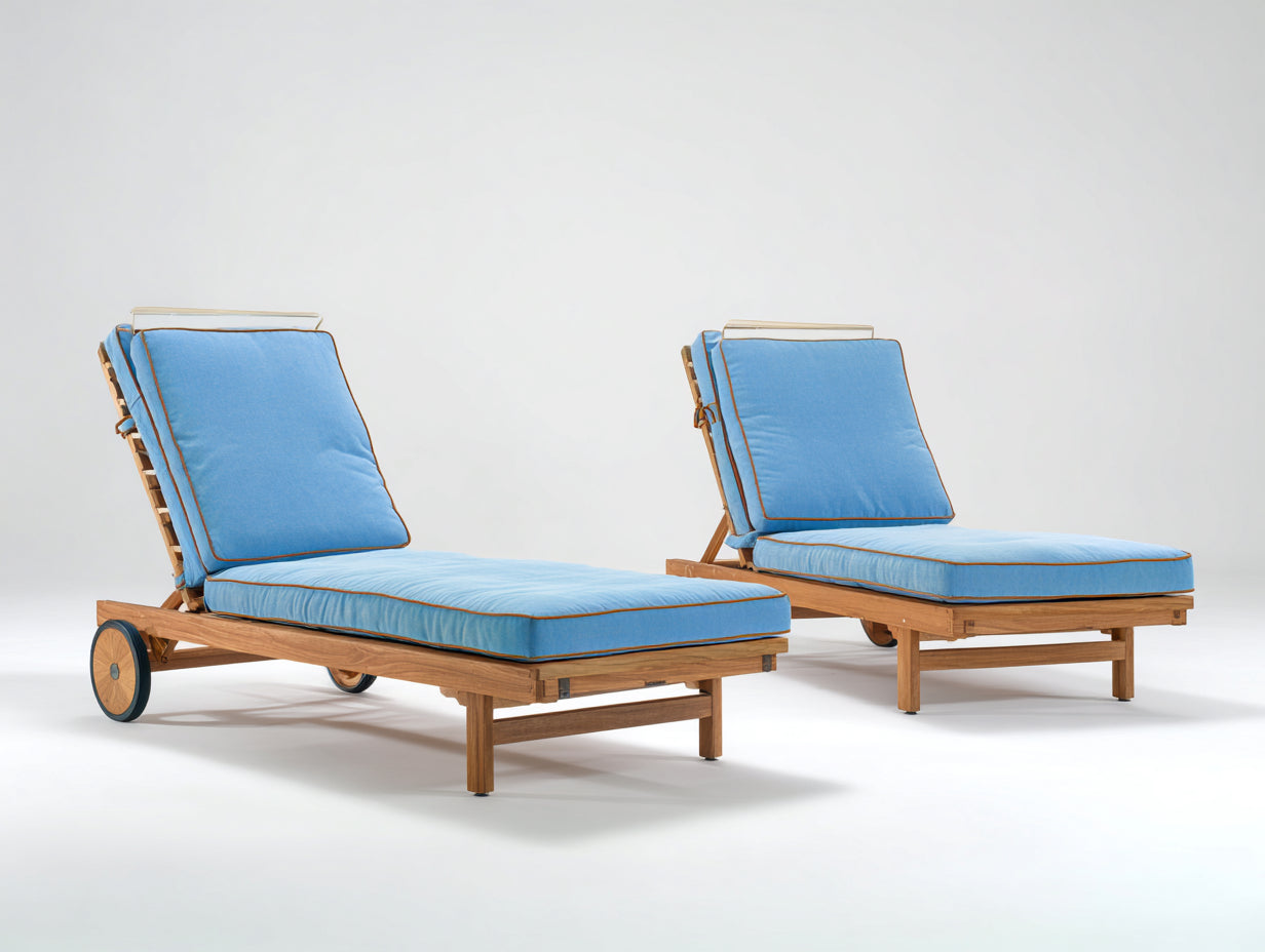 Tumbonas de madera de teca 200x72x90 cm - Madera natural y azul - Diseño reclinable con ruedas para jardín