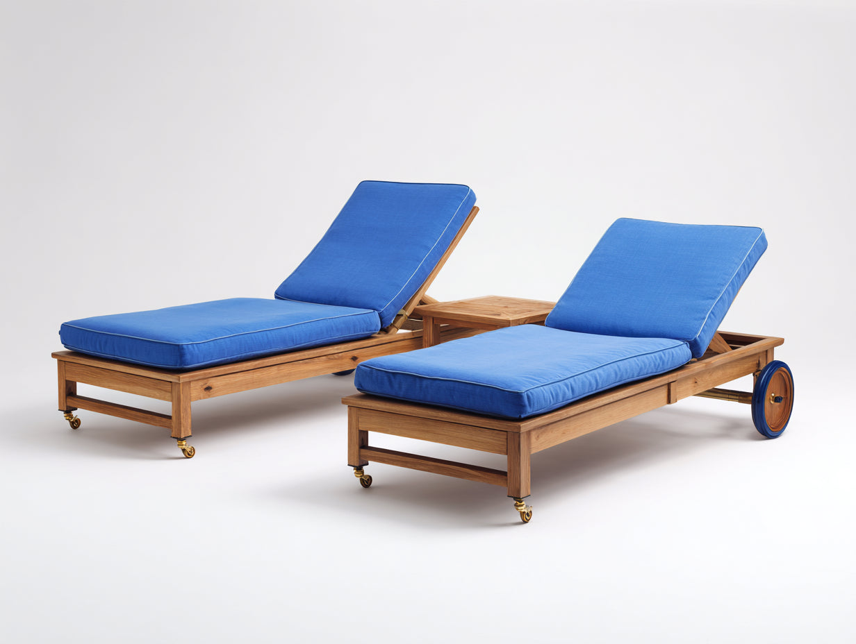 Tumbonas de madera 200x68x36 cm - madera natural y azul - respaldo regulable con ruedas
