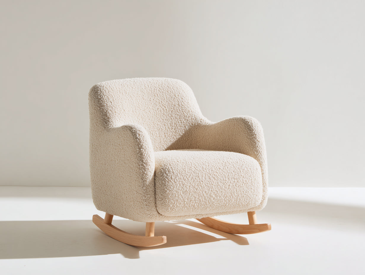Mecedoras tapizadas de tejido rizado 82x90x78 cm - crema y madera natural - diseño curvo