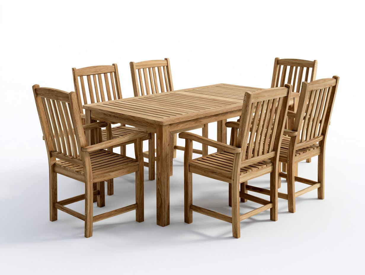 Conjuntos de comedor de jardín de madera de teca 160x90x75 cm - Natural - Mesa rectangular con 6 sillas para terraza