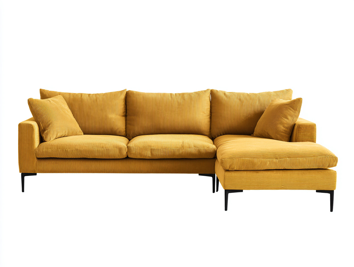 Sofás de esquina de tela acanalada 260x160x82 cm - amarillo mostaza - patas metálicas para salón moderno