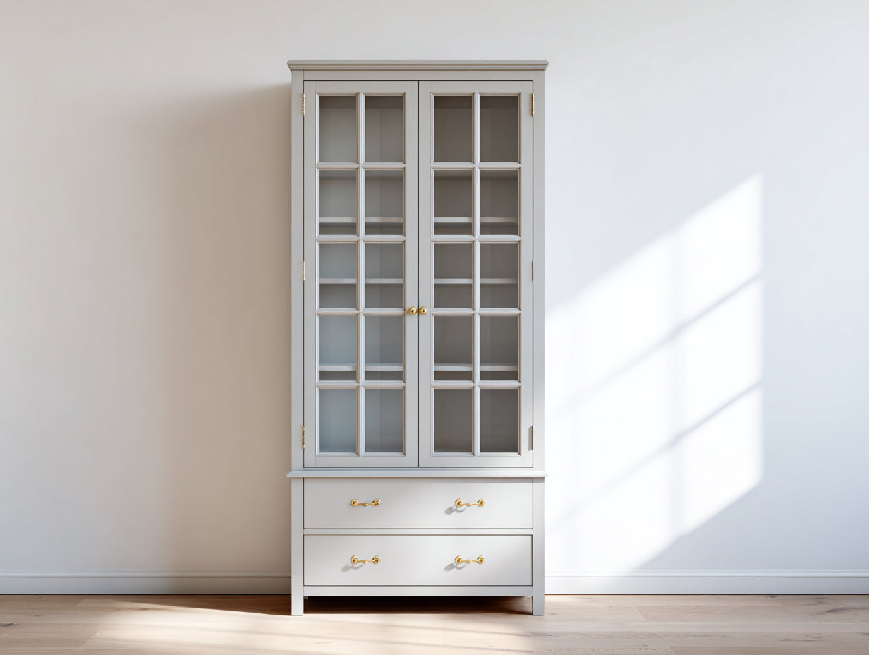 Vitrinas de madera manufacturada y vidrio 95x42x185 cm - Gris claro y blanco - Estilo clásico para salón