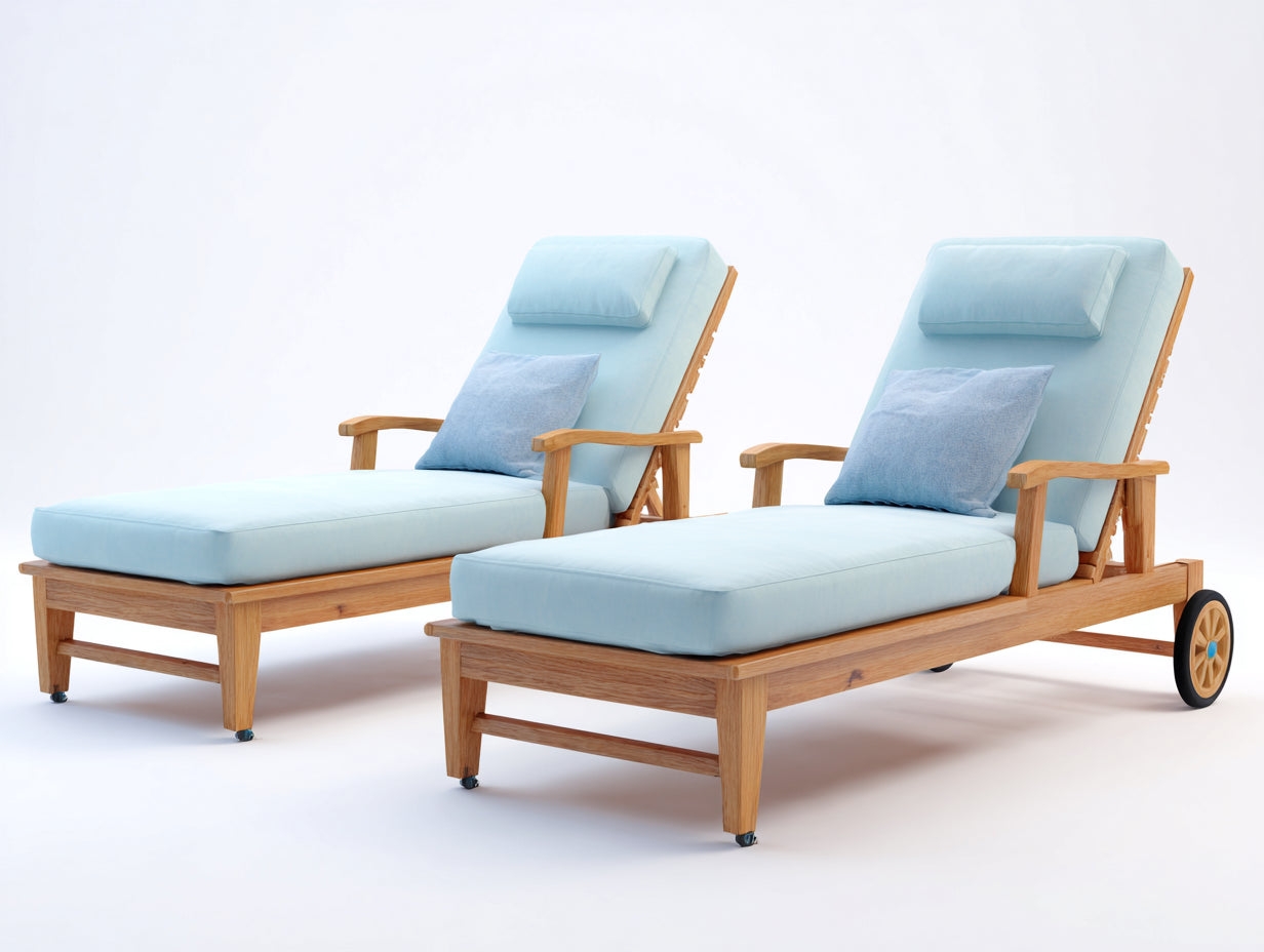 Tumbonas de madera 200x70x35 cm - madera natural y azul claro - respaldo regulable con reposabrazos y ruedas