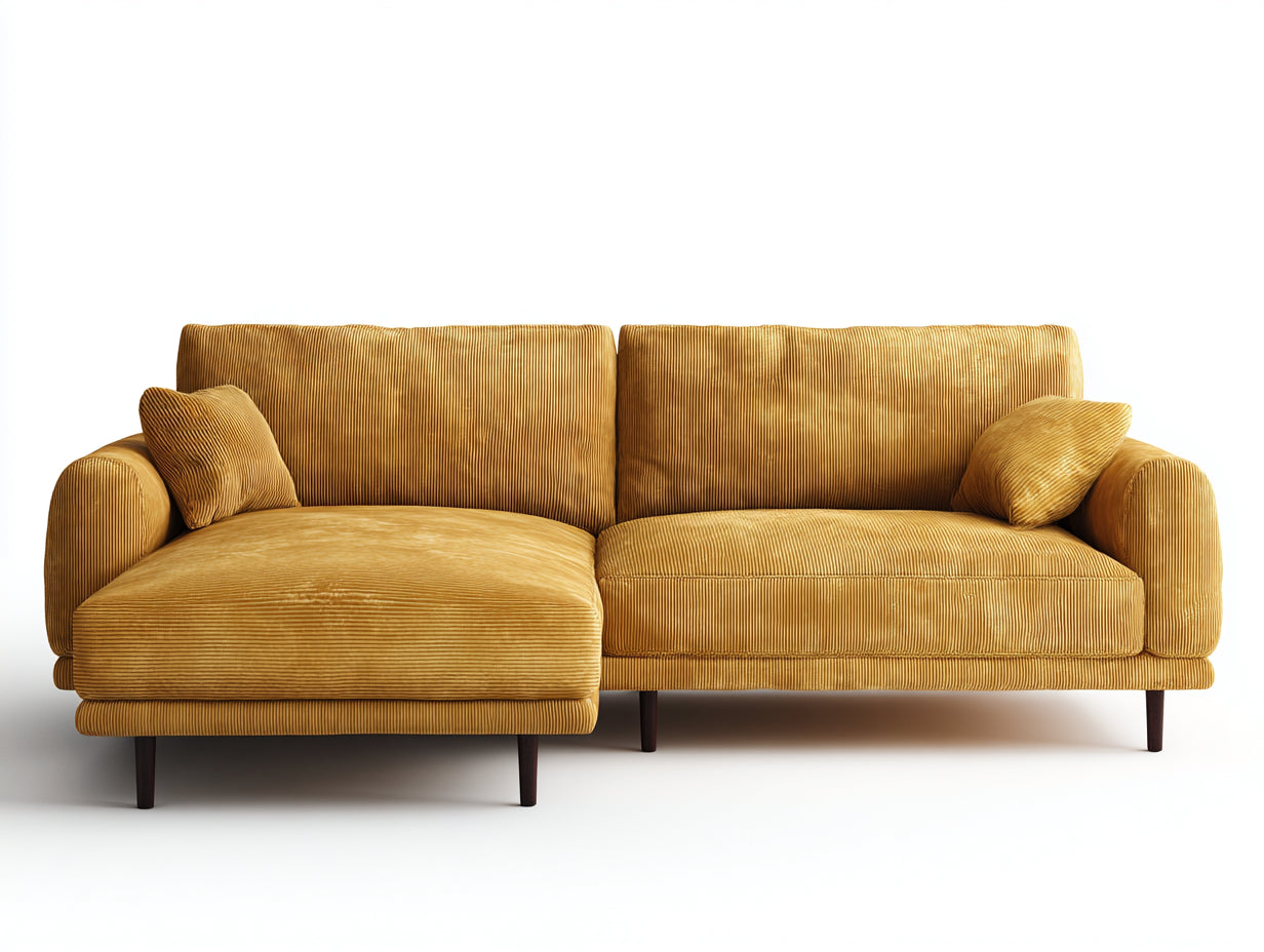 Sofás de esquina de pana 280x165x84 cm - amarillo mostaza y marrón oscuro - estilo moderno para salón con zona extendida
